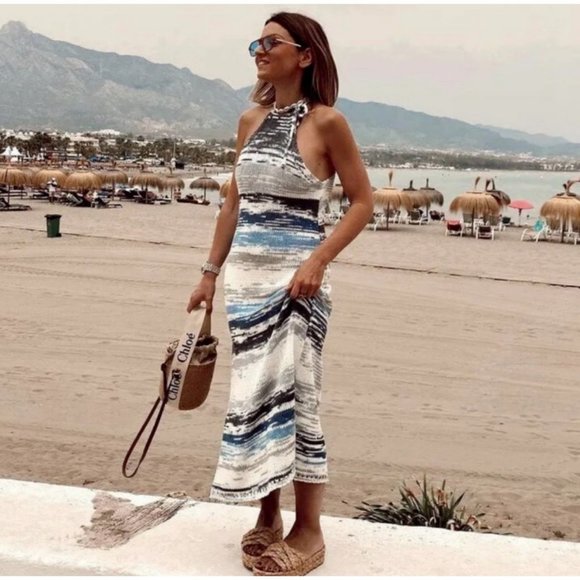 Zara Dresses & Skirts - Zara Knit Halter Neck Dress Size Medium M Blue White Midi Maxi Nautical